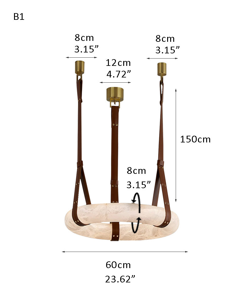 Dimensions of alabaster LED pendant lamp with leather straps, 60x12cm, height 150cm.