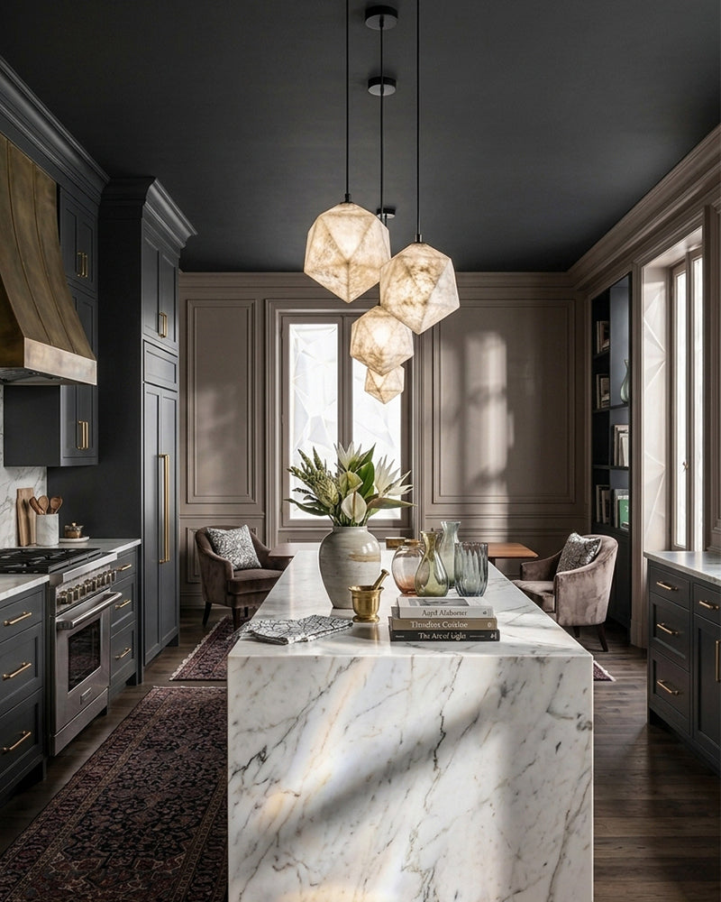 Alabaster Geometric Globe Pendant Light - Natural Spanish Alabaster, Serene Black Trim - Kitchen, Dining Room & Living Spaces