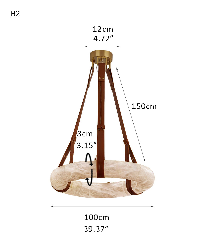 Dimensions of alabaster LED pendant lamp with leather straps, 100 x 12 cm, height 150 cm.