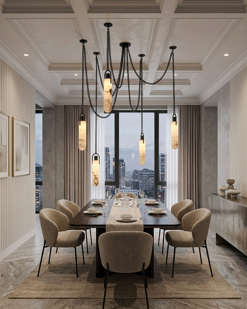 Linear Alabaster Cluster Pendant Light - Natural Spanish Alabaster, Matte Brass & Black Trim - Luxury Home Interior Lighting