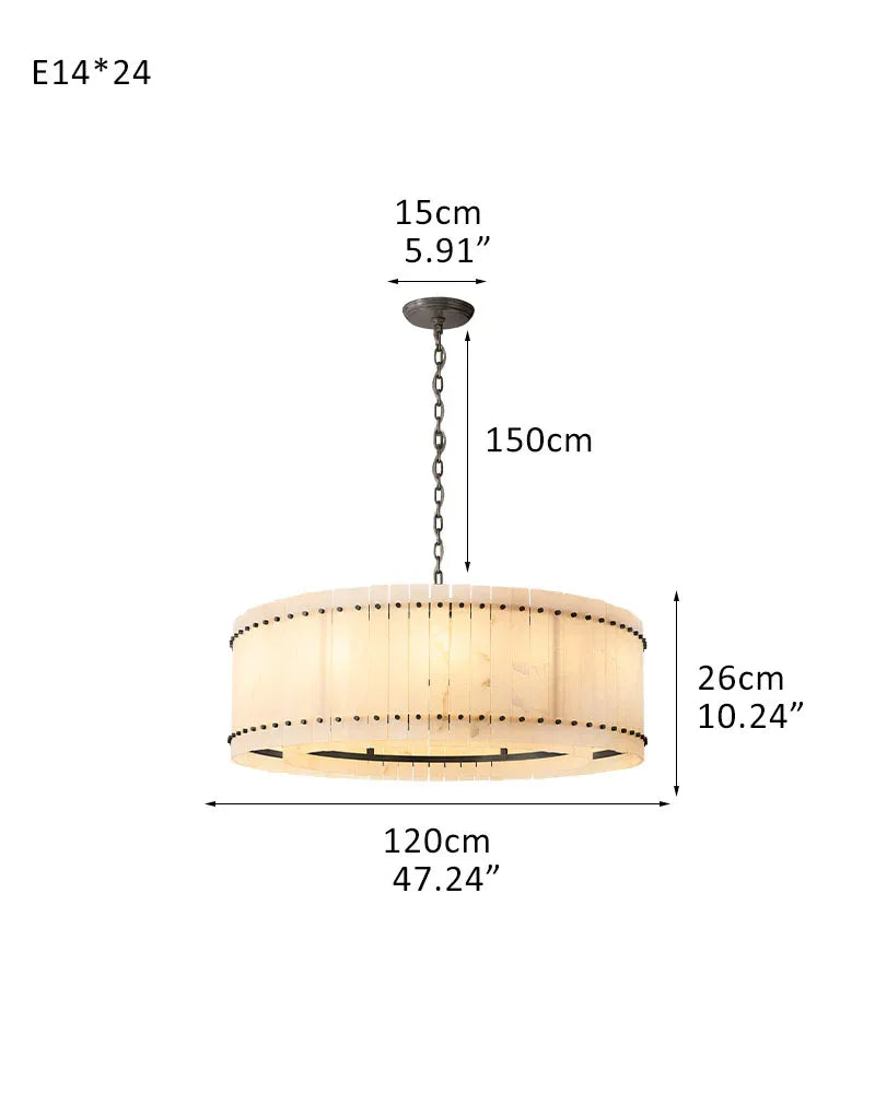 Val d’Isère Series Architectural Chandelier | Double Tier Drum Hand-carved alabaster panels with durable steel frame, Mid-century steel finish for Dining rooms, foyers, or offices 24-light-L120*H26CM L47"*H10"(2 tiered) Black American Vintage chandelier lamp