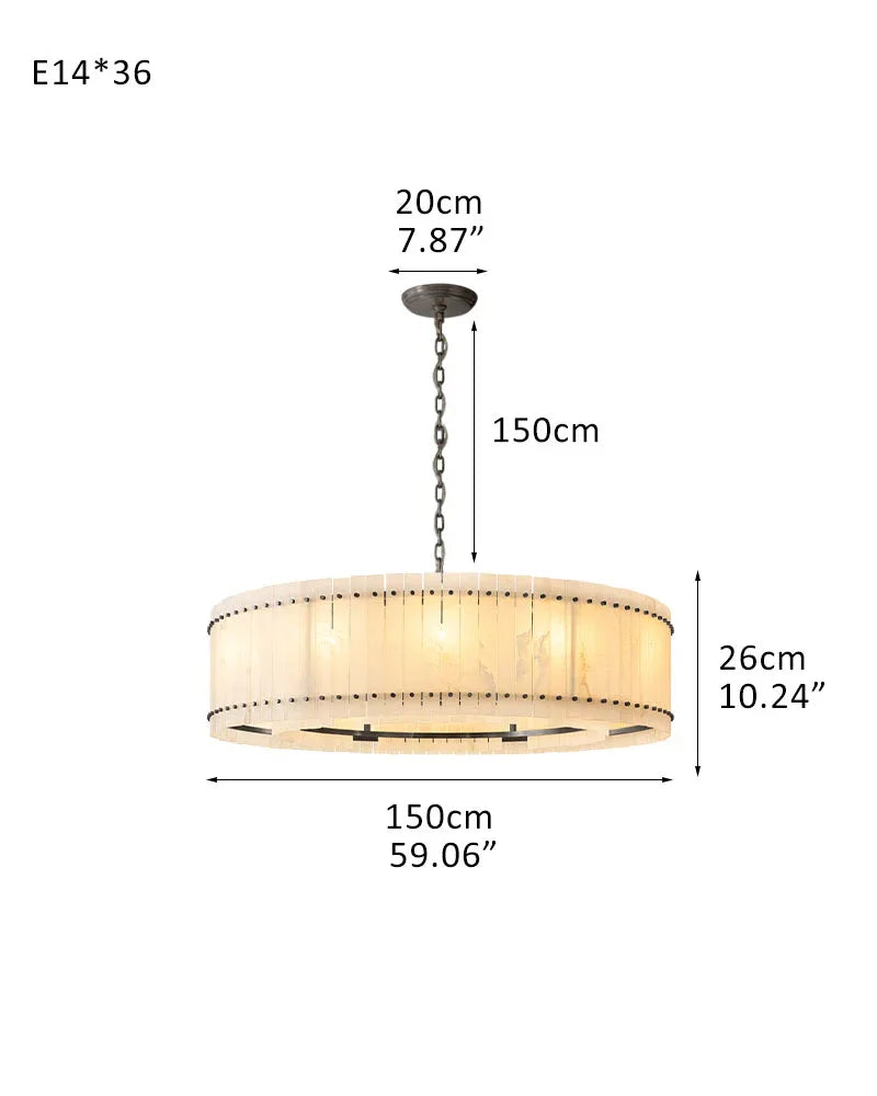 Val d’Isère Series Architectural Chandelier | Double Tier Drum Hand-carved alabaster panels with durable steel frame, Mid-century steel finish for Dining rooms, foyers, or offices 36-light-L150*H26CM L59.06"*H10"(2 tiered) Black American Vintage chandelier lamp