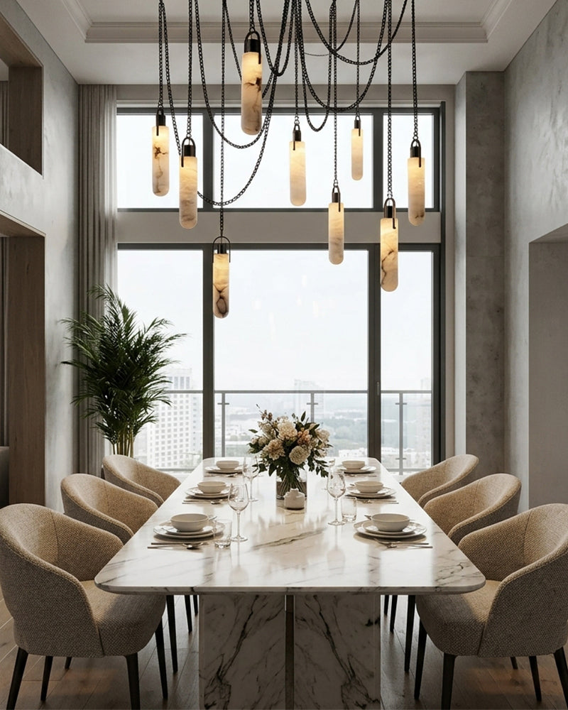 Linear Alabaster Cluster Pendant Light - Natural Spanish Alabaster, Matte Brass & Black Trim - Luxury Home Interior Lighting