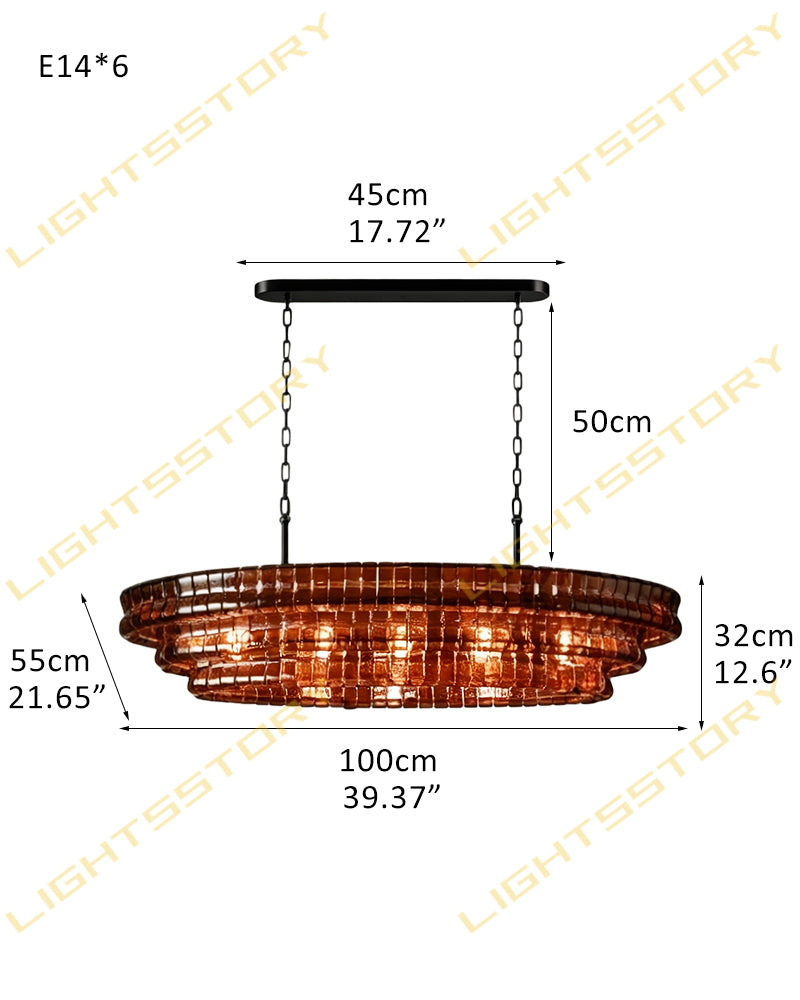Brina Ghiaccio Amber Pink Murano Glass Oval Linear Chandelier - Textured Ice Glass, Lux Gold Trim - Kitchen Islands & Dining Rooms