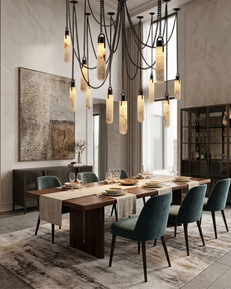 Linear Alabaster Cluster Pendant Light - Natural Spanish Alabaster, Matte Brass & Black Trim - Luxury Home Interior Lighting
