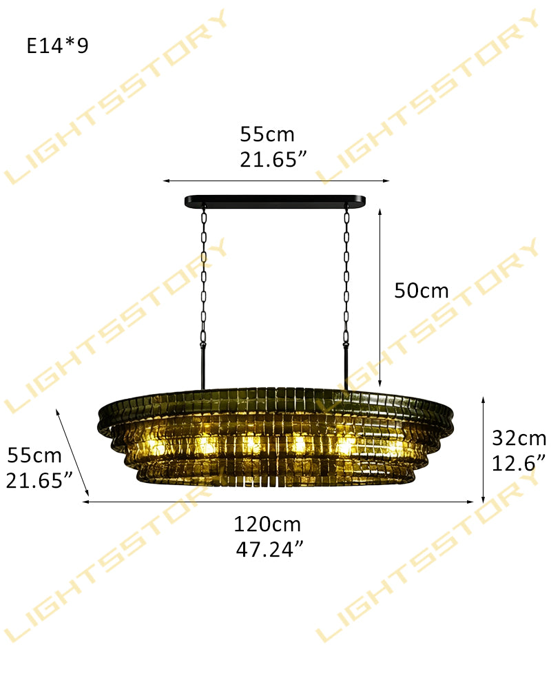 Brina Ghiaccio Smoked Green Murano Glass Oval Linear Chandelier - Textured Ice Glass, Lux Gold Trim - Kitchen Islands & Dining Rooms