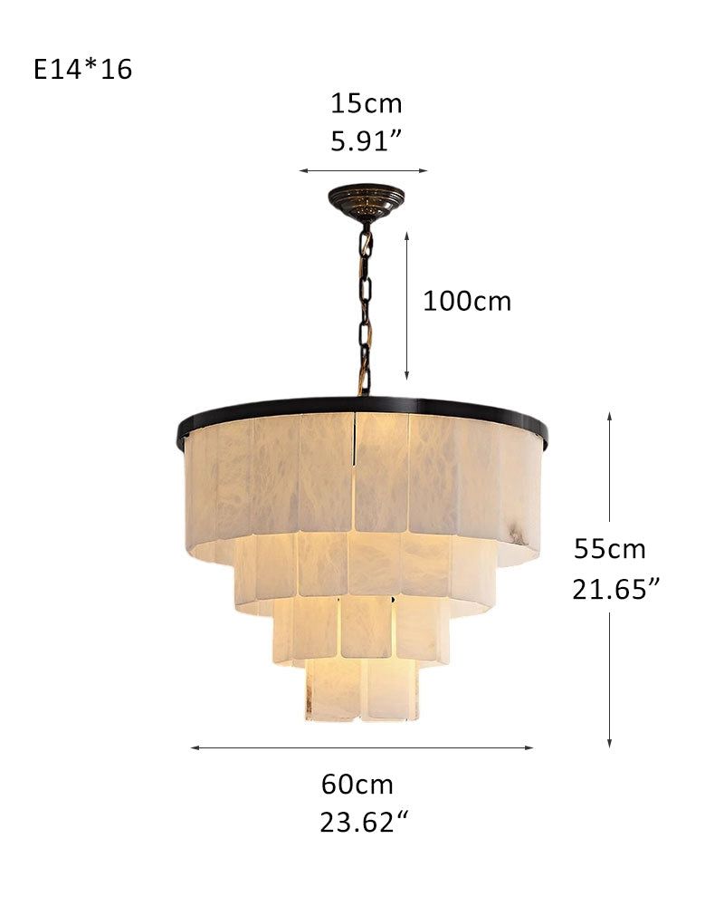 7-layer round alabaster chandelier dimensions with black finish, 60cm wide.