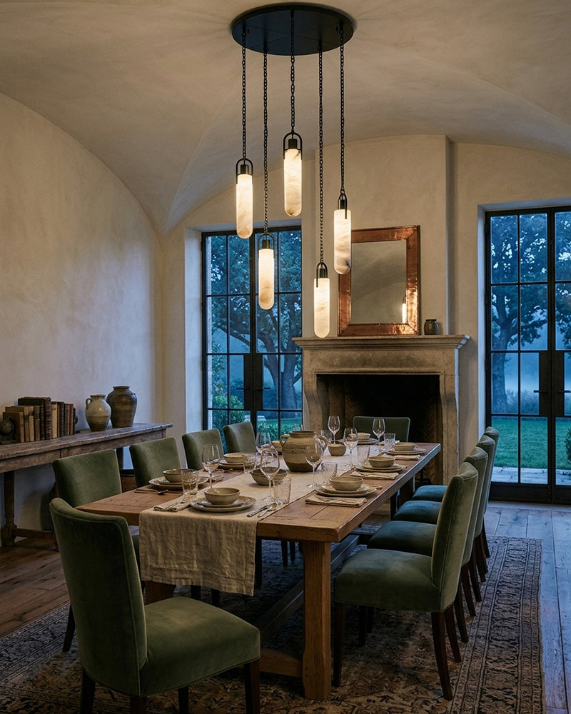 Linear Alabaster Cluster Pendant Light - Natural Spanish Alabaster, Matte Brass & Black Trim - Luxury Home Interior Lighting