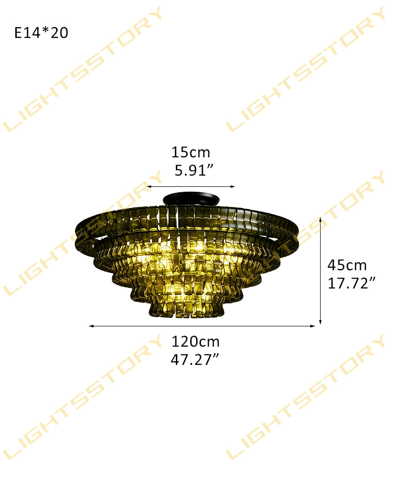 Brina Ghiaccio Murano Glass Smoked Green Cascade Ceiling Light - Textured Glass, Semi Flush Mount - Living Rooms & Dining Rooms.