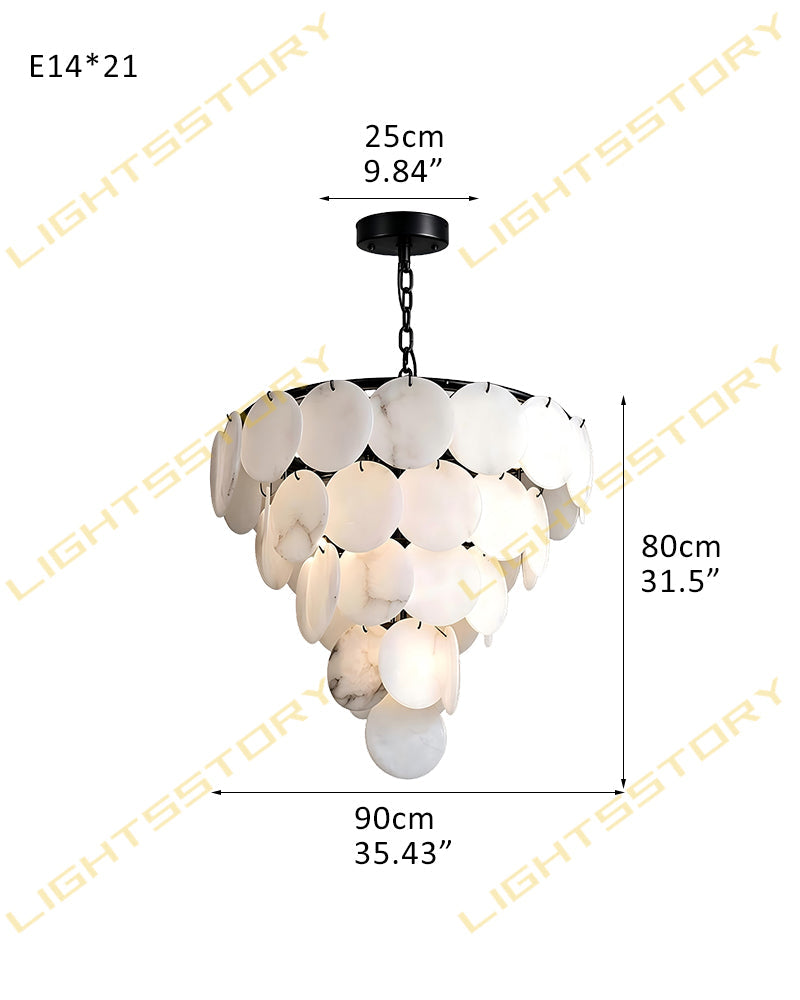 Alabaster disc chandelier with black ceiling mount; 80cm wide, 90cm height.