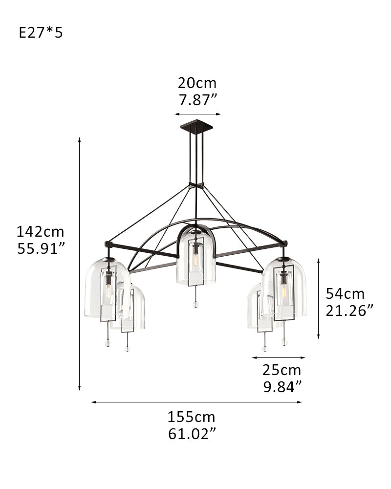 5-Light Round Chandelier 56'' in Brass Finish Hardware with Clear Blown Glass