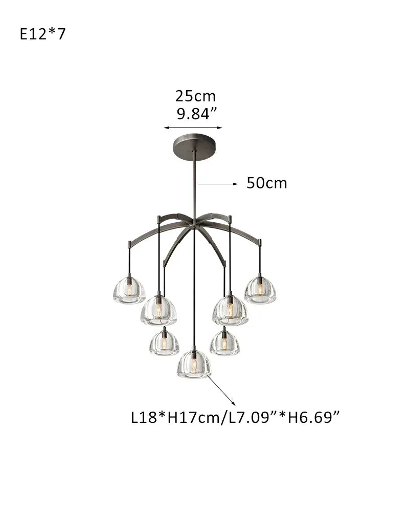 Verbier Series Ethereal Chandelier | Crystal Hemisphere Lathe-carved solid crystal blocks and solid brass frame, Brushed Black Steel finish for Grand Foyers and Dining Rooms 7-light-D91*H92CM L36"*H36" Brass American chandelier