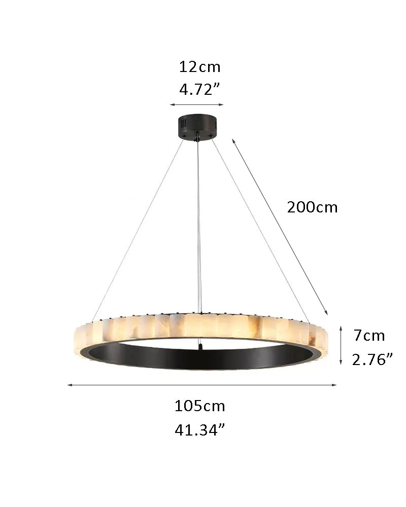 Dimensions of a round triple chandelier lamp with alabaster rings in black and gold.