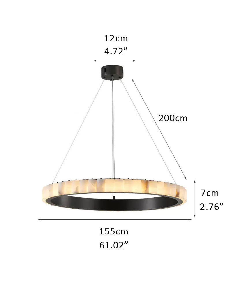 Round triple chandelier dimensions in cm with alabaster rings in black and gold.