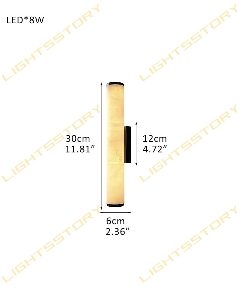 LED Copper Cylindrical Natural Marble Alabaster Wall Sconce Lamp,H30/40/50/60CM D6*H30CM D2.36*H11.81" White + Black Flush Mounted Wall Sconce Lamp