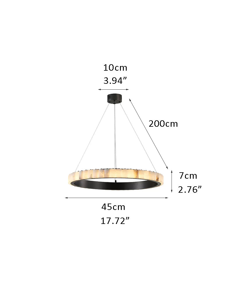 Dimensions of round triple chandelier lamp with alabaster rings in gold and black.