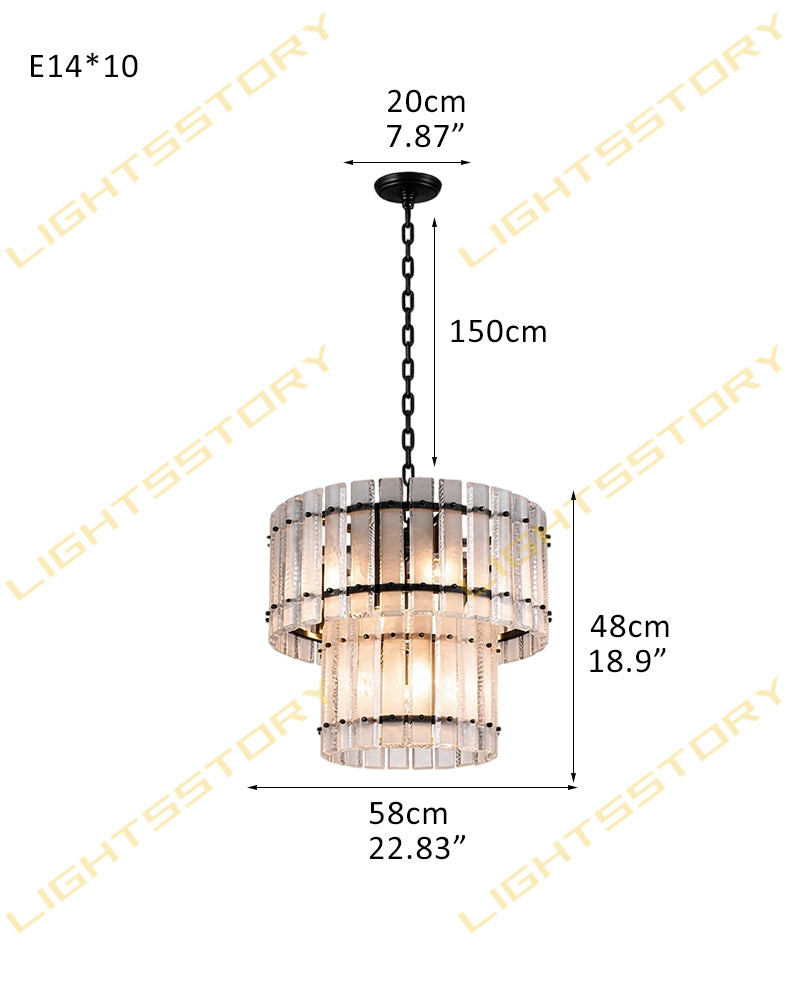 Solstice Aura Ghiaccio Glass Double Tier Drum Chandelier - Lux Gold Trim - Foyers, Dining Rooms & Living Rooms
