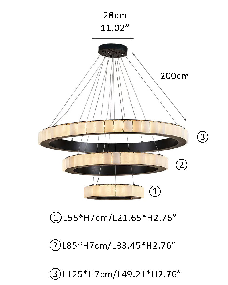 Dimensions of round triple chandelier lamp with alabaster and black gold finish.