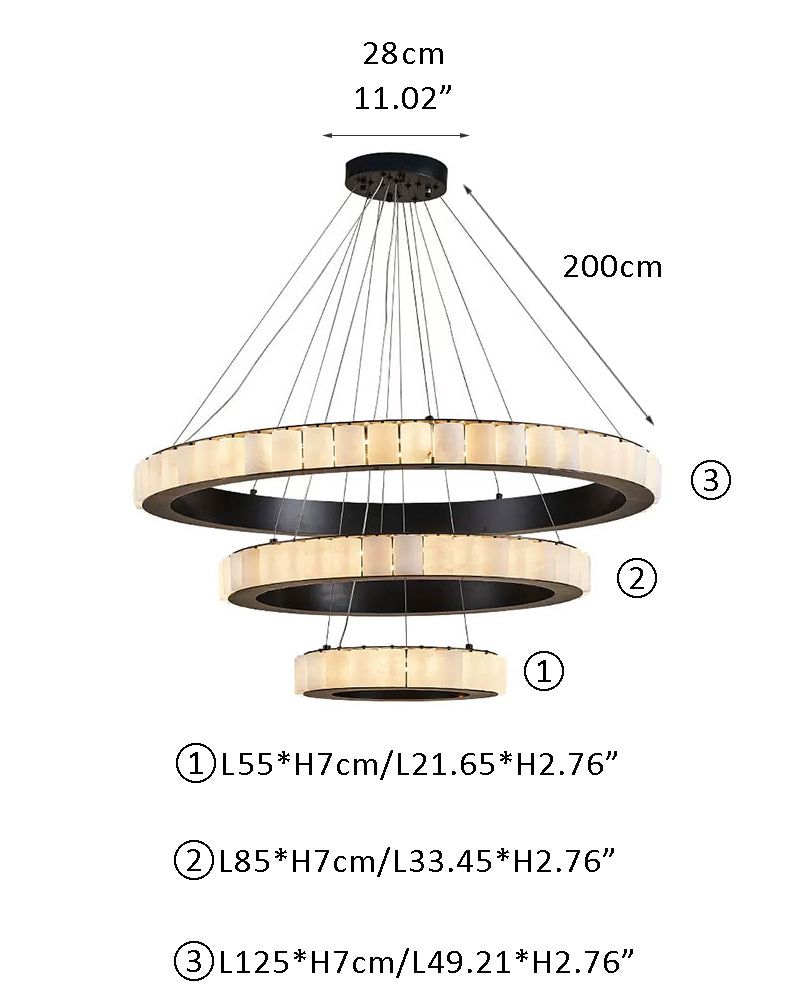 Dimensions of round triple chandelier lamp with alabaster and black gold finish.