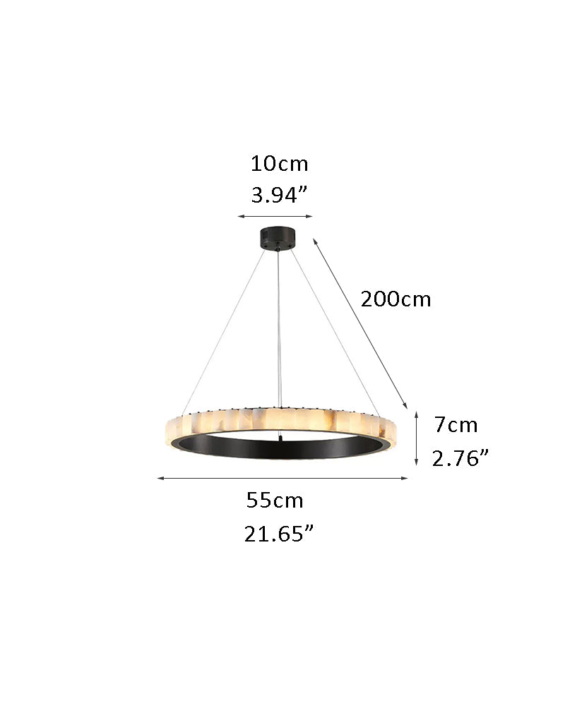 Dimensions of black and gold round triple chandelier with alabaster details in cm.