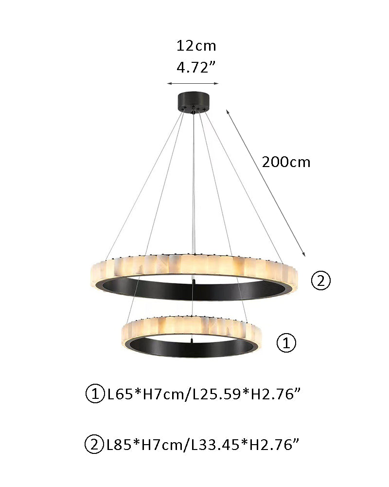 Dimensions for round triple chandelier lamp with gold and alabaster details.