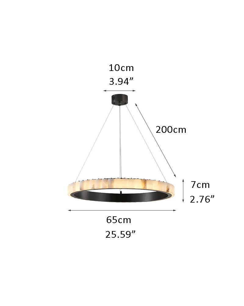 Dimensions of round triple chandelier lamp with alabaster rings in cm and inches.