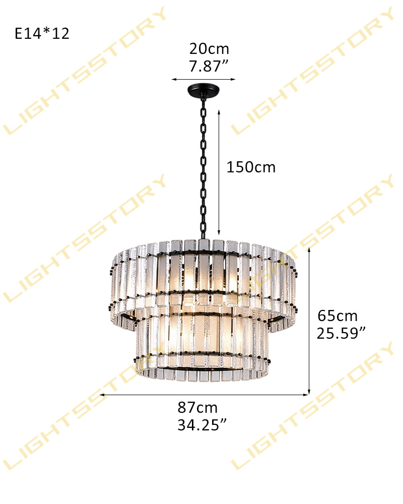 Solstice Aura Ghiaccio Glass Double Tier Drum Chandelier - Lux Gold Trim - Foyers, Dining Rooms & Living Rooms