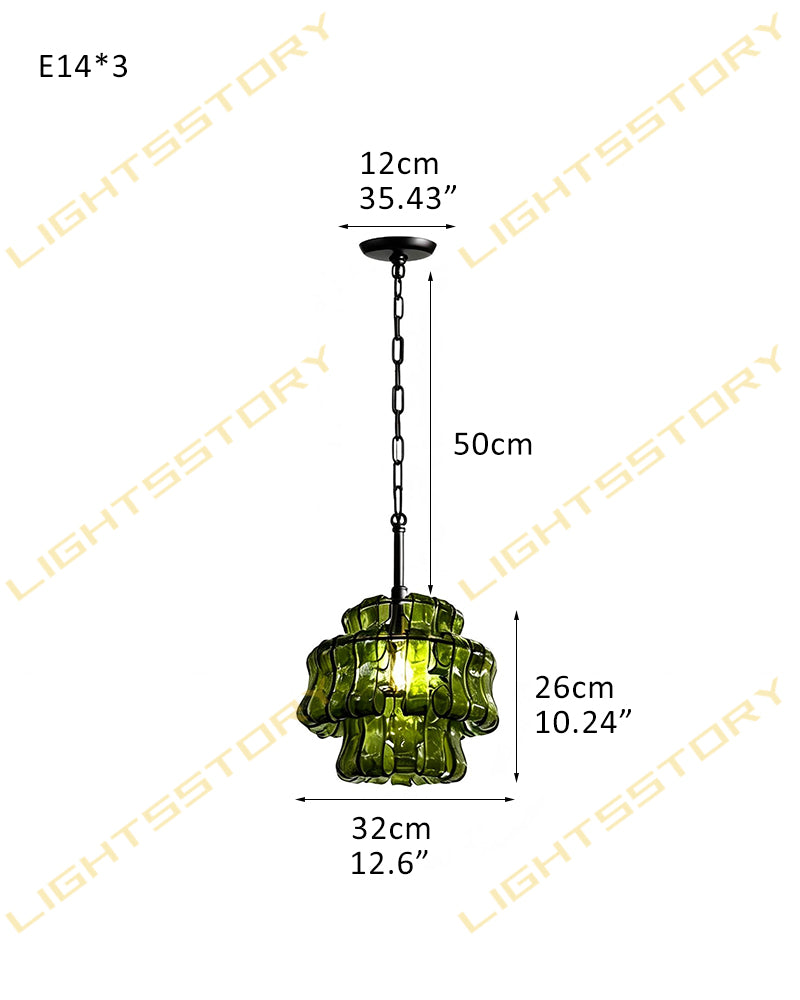 Brina Ghiaccio Murano Smoked Green Glass Lantern Drum Pendant Light - Textured Ice Glass, Lux Gold Trim - Kitchens, Dining Rooms & Living Rooms