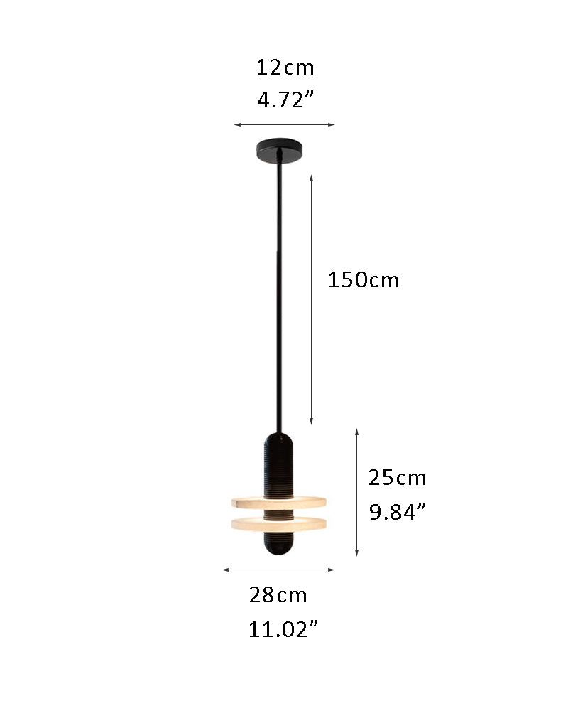 Sleek black pendant lamp with dual rings, dimensions for modern decor.