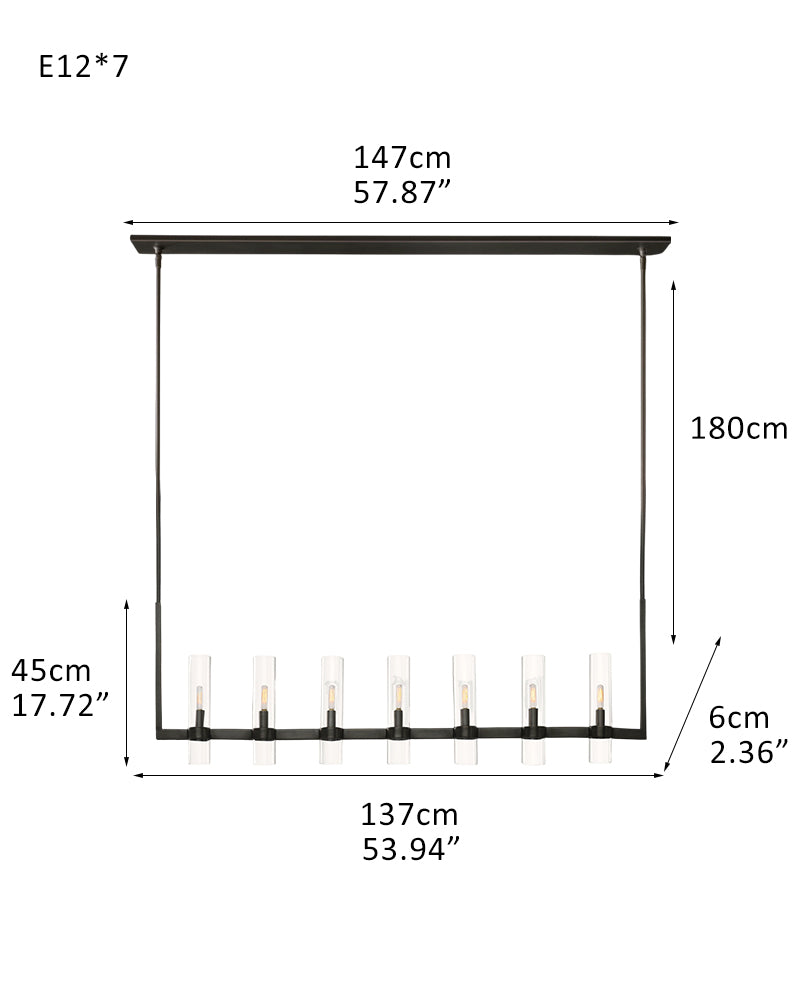 Lacquered Black/Brass Metalwork Linear Ravelle Clear Glass Chandelier Wide 54" 69" for dining room table