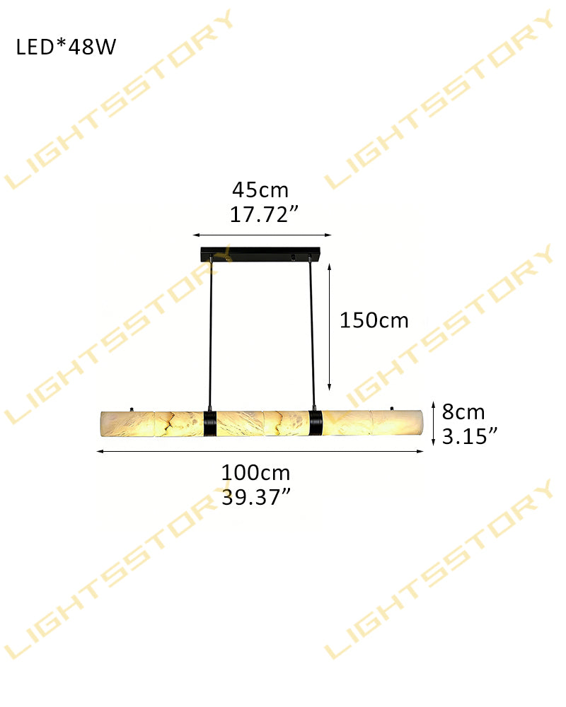 Alabaster Tube Cylinder Brass Banded Linear Pendant Light - Natural Spanish Alabaster, Custom, Lux Brass Trim - Kitchen Islands & Dining Rooms