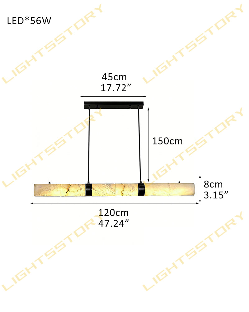 Alabaster Tube Cylinder Brass Banded Linear Pendant Light - Natural Spanish Alabaster, Custom, Lux Brass Trim - Kitchen Islands & Dining Rooms