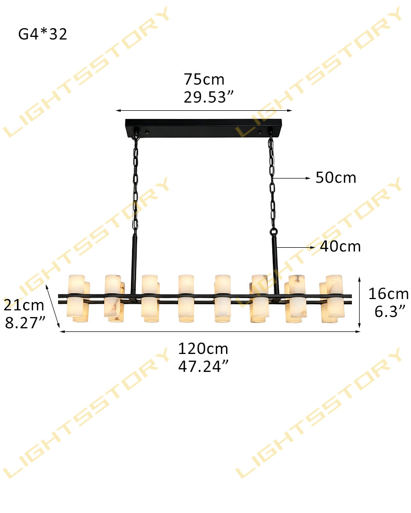 Alabaster Dual Cylinder Candle Column Linear Chandelier - Natural Spanish Alabaster, Heritage Brass Trim - Kitchen Islands & Dining Rooms