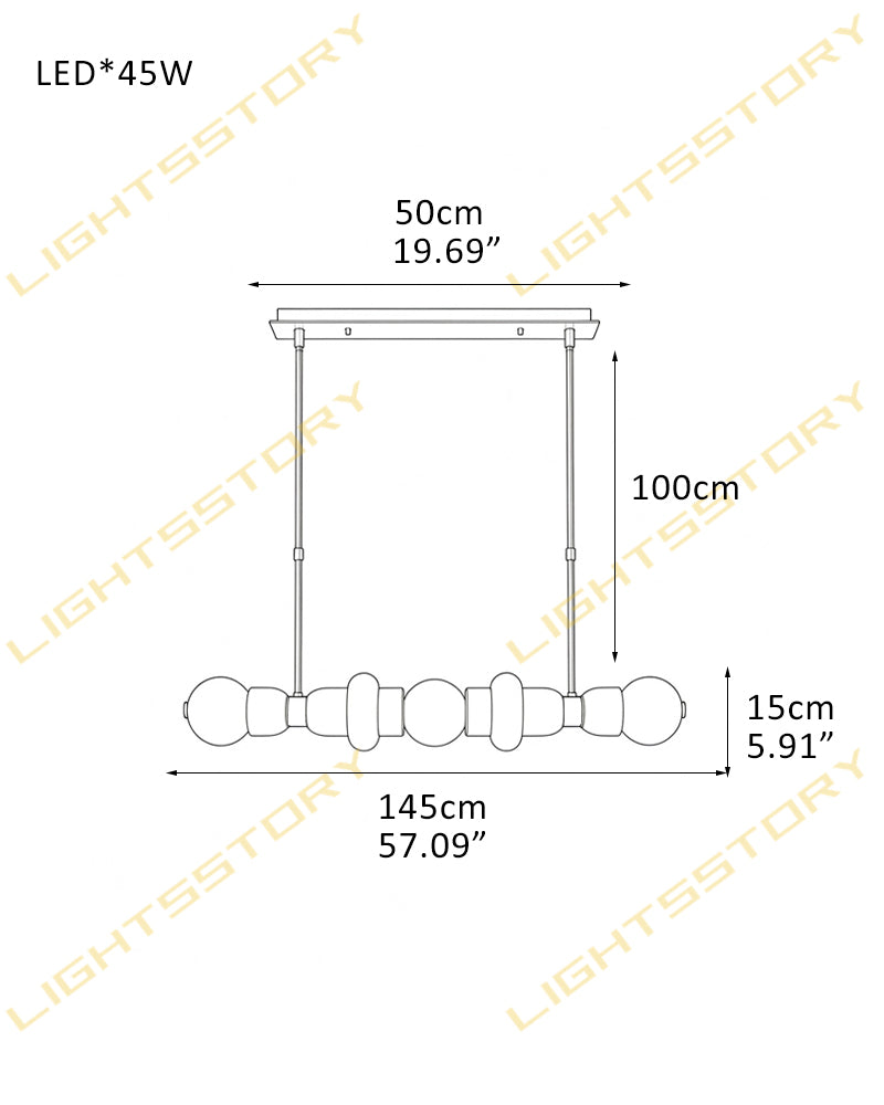 Technical dimension diagram of an LED linear pendant light with multiple bulb shades, showing measurements of 145cm length, 100cm drop height, 50cm canopy width, and 15cm shade width, with 'LIGHTSSTORY' watermarks across the image.