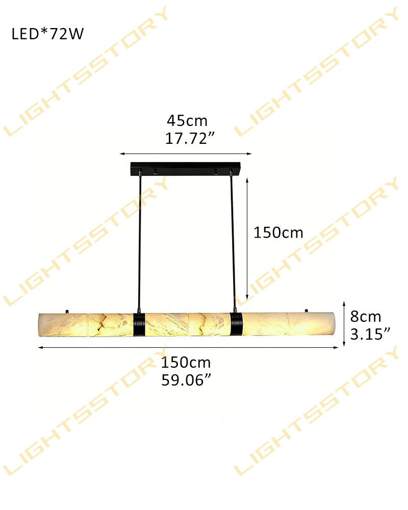Alabaster Tube Cylinder Brass Banded Linear Pendant Light - Natural Spanish Alabaster, Custom, Lux Brass Trim - Kitchen Islands & Dining Rooms