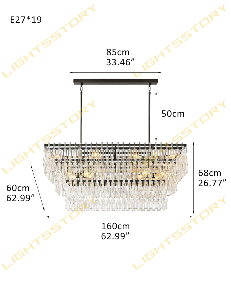K9 Crystal Multi Tiered Concentric Glass Prism Linear Chandelier - Precision-Cut Crystal, Lux Gold Trim - Kitchen Islands & Dining Rooms