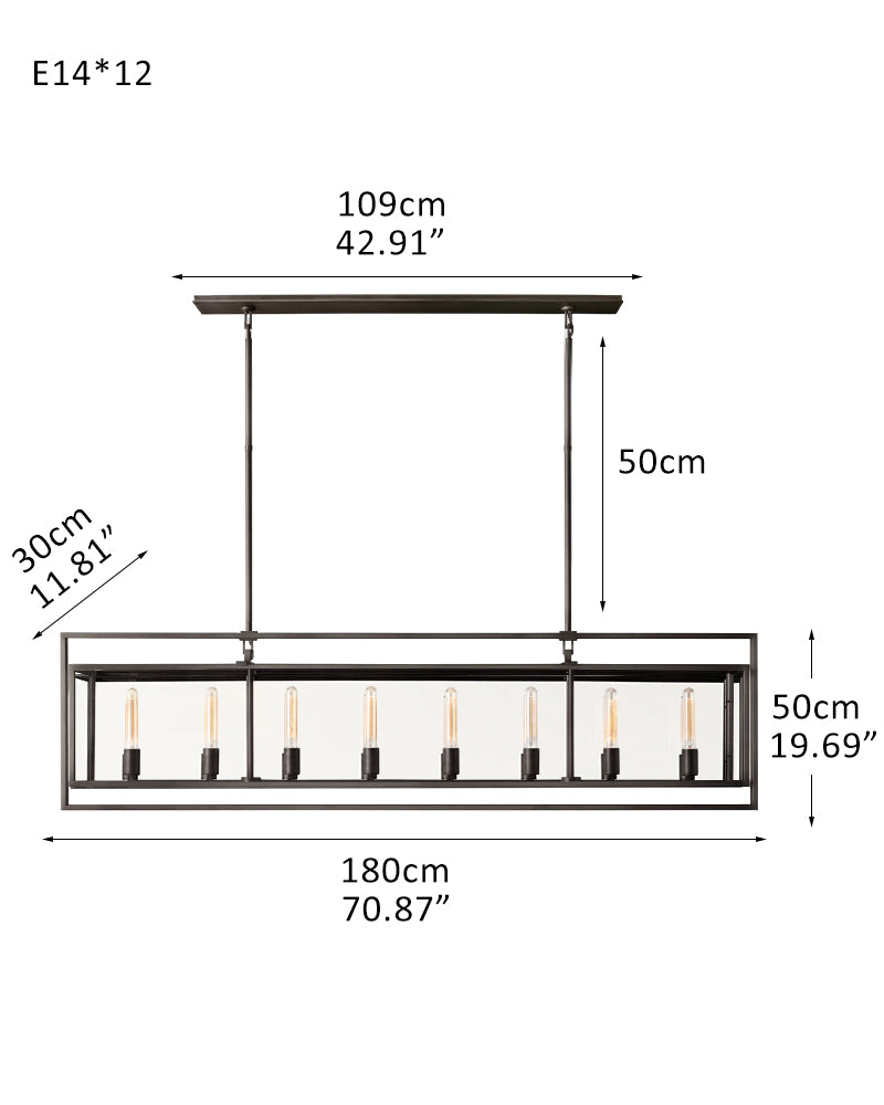 Farmhouse Halogen Lighting Glass Lantern Rectangle Chandelier 55“71” Brushed Brass/Black Steel Frame