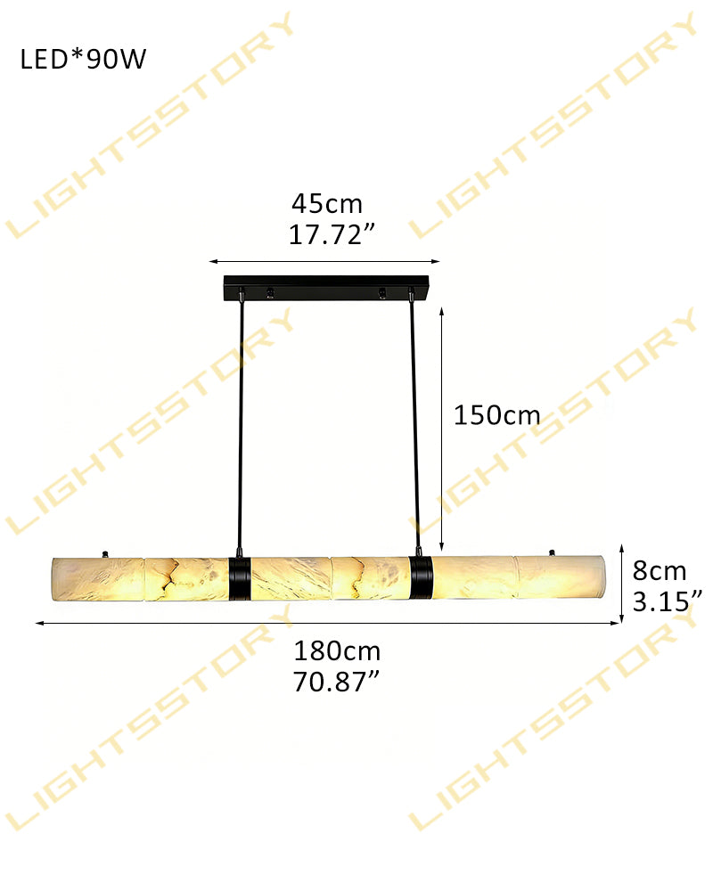 Alabaster Tube Cylinder Brass Banded Linear Pendant Light - Natural Spanish Alabaster, Custom, Lux Brass Trim - Kitchen Islands & Dining Rooms
