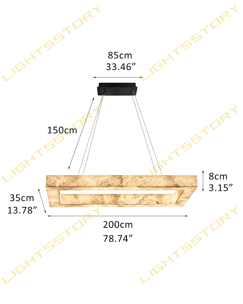 Alabaster Hollow Rectangular Halo Frame Suspended Linear Pendant Light - Natural Spanish Alabaster, Lux Gold Trim - Kitchens, Dining & Living Rooms