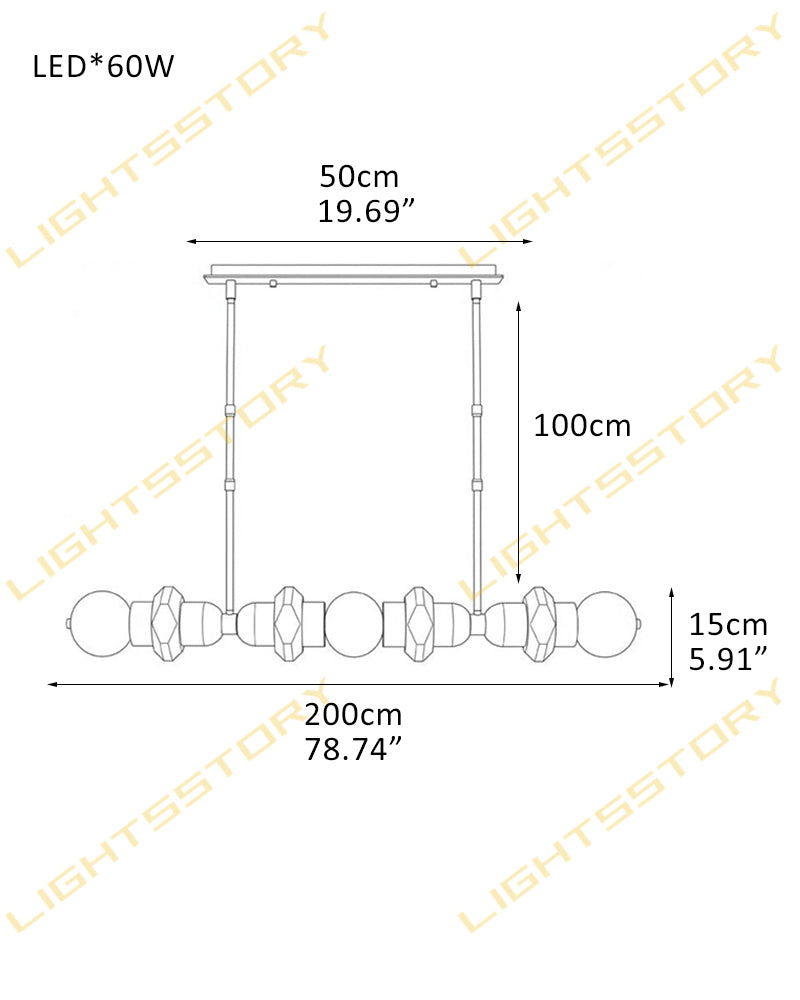 Technical dimension diagram of an LED linear pendant light fixture, showing measurements of 200cm length, 100cm hanging height, 50cm canopy width, and 15cm bulb diameter, with a 60W LED label at the top left.