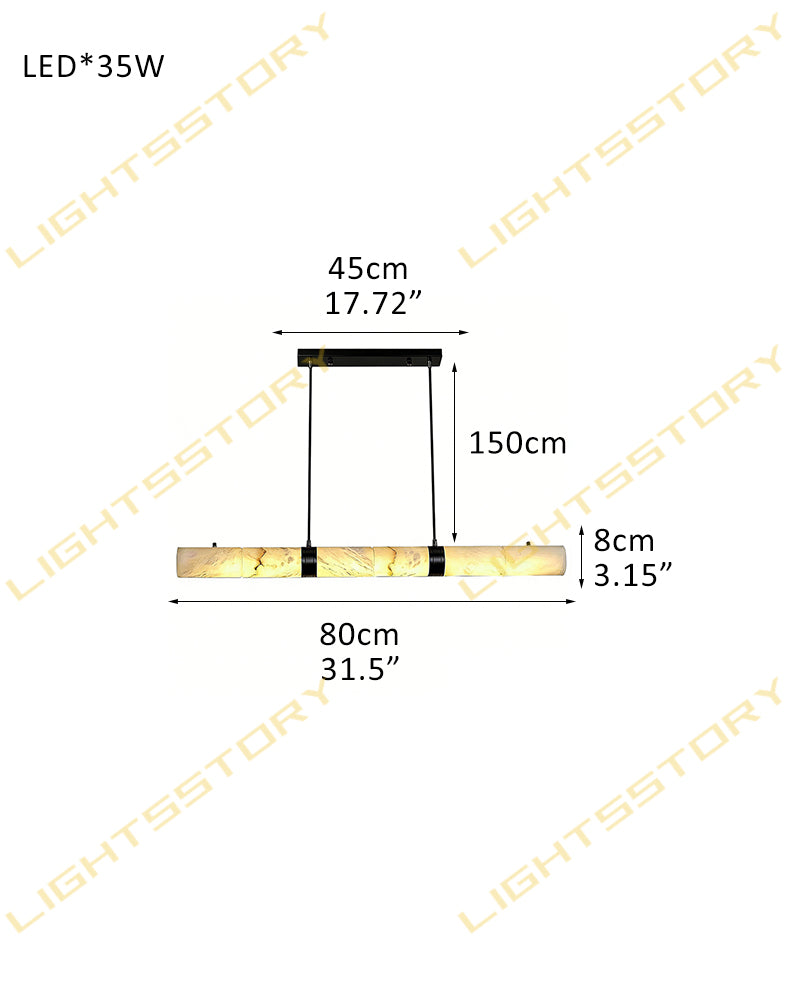 Alabaster Tube Cylinder Brass Banded Linear Pendant Light - Natural Spanish Alabaster, Custom, Lux Brass Trim - Kitchen Islands & Dining Rooms