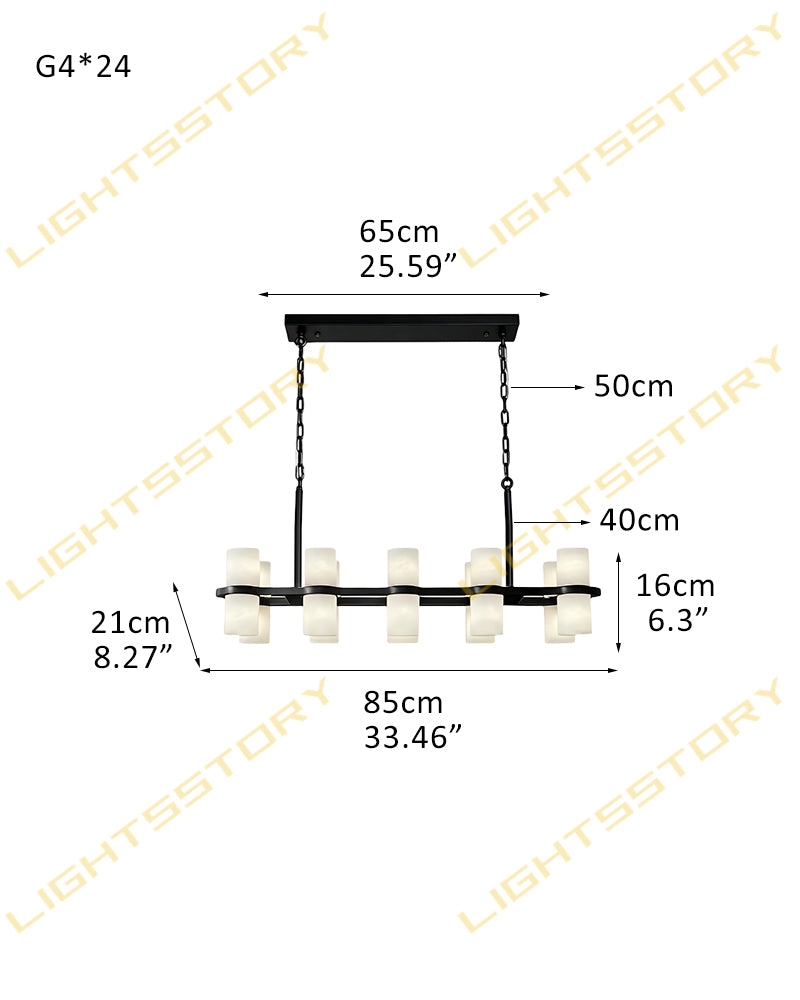 Alabaster Dual Cylinder Candle Column Linear Chandelier - Natural Spanish Alabaster, Heritage Brass Trim - Kitchen Islands & Dining Rooms