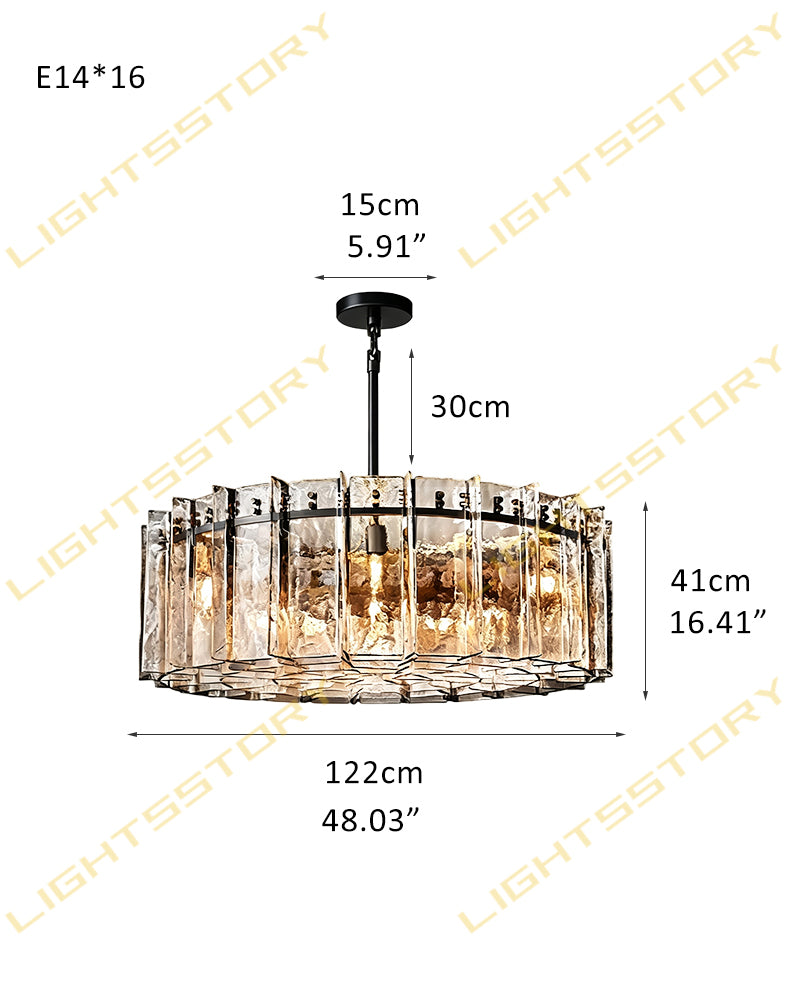 Gordes Ice Glass Fluted Tile Round Halo Drum Chandelier - Smoky Glass, Lux Gold Trim - Living Rooms, Bedrooms, Dining Rooms