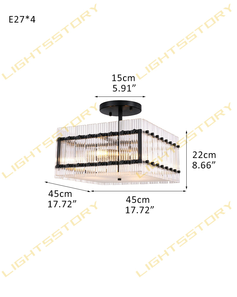 Solstice Aura Fluted Glass Square Ceiling Light - Semi Flush Mount, Lux Gold Trim - Living Rooms, Dining Rooms & Hallways