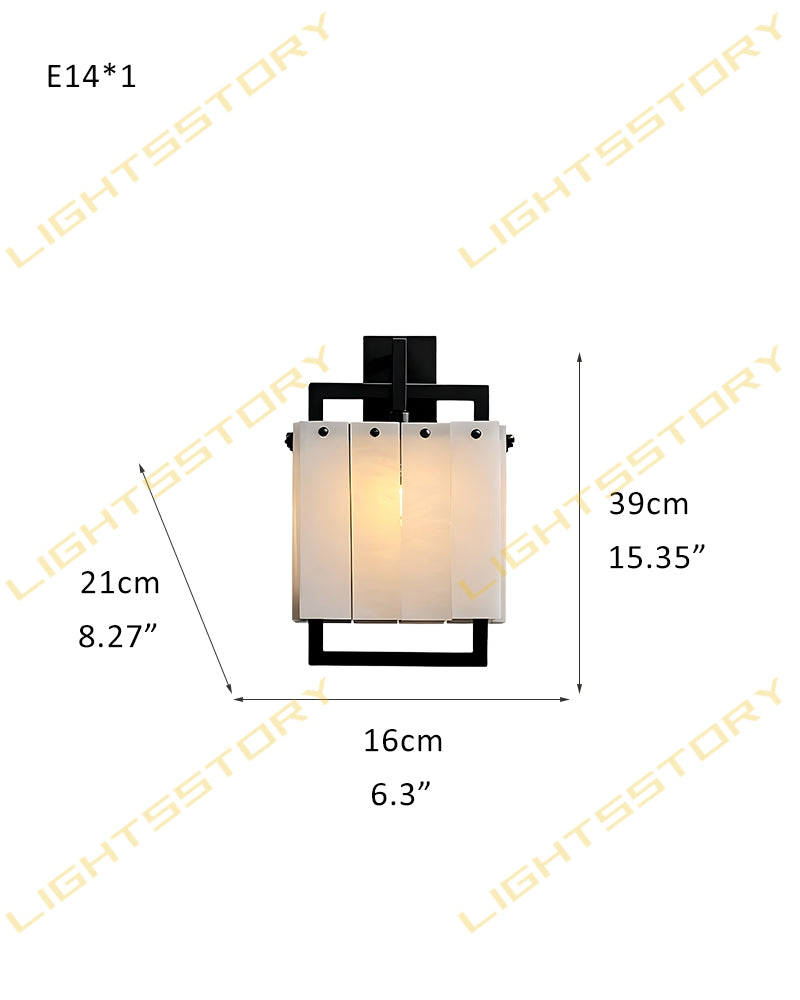Alabaster Cube Panel Hanging Wall Light Sconce - Natural Spanish Alabaster Panels, Lux Gold Trim Trim - Bedrooms, Hallways & Bathrooms
