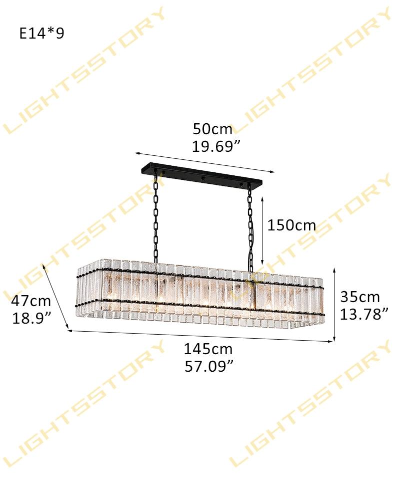 Solstice Aura Ghiaccio Glass Linear Chandelier - Lux Gold Trim - Kitchen Islands & Dining Rooms