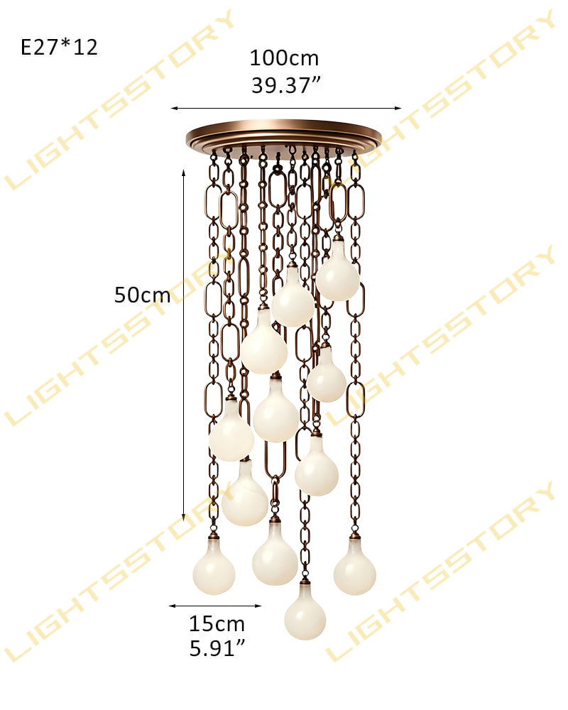 Alabaster Teardrop Orb Chain Draped Dual Canopy Cluster Pendant Light - Natural Spanish Alabaster, Custom, Matte Chrome Finishes - Kitchens, Dining & Living Rooms