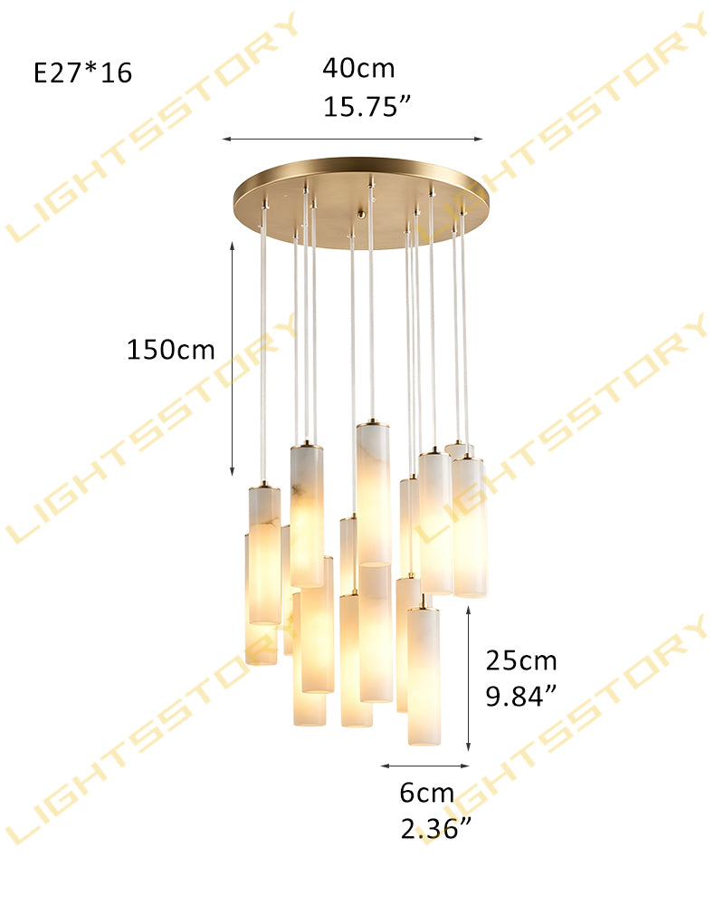 Alabaster Cylinder Rod Cluster Pendant Light - Natural Spanish Alabaster Rods, Serene Black Trim - Kitchens, Dining & Living Rooms