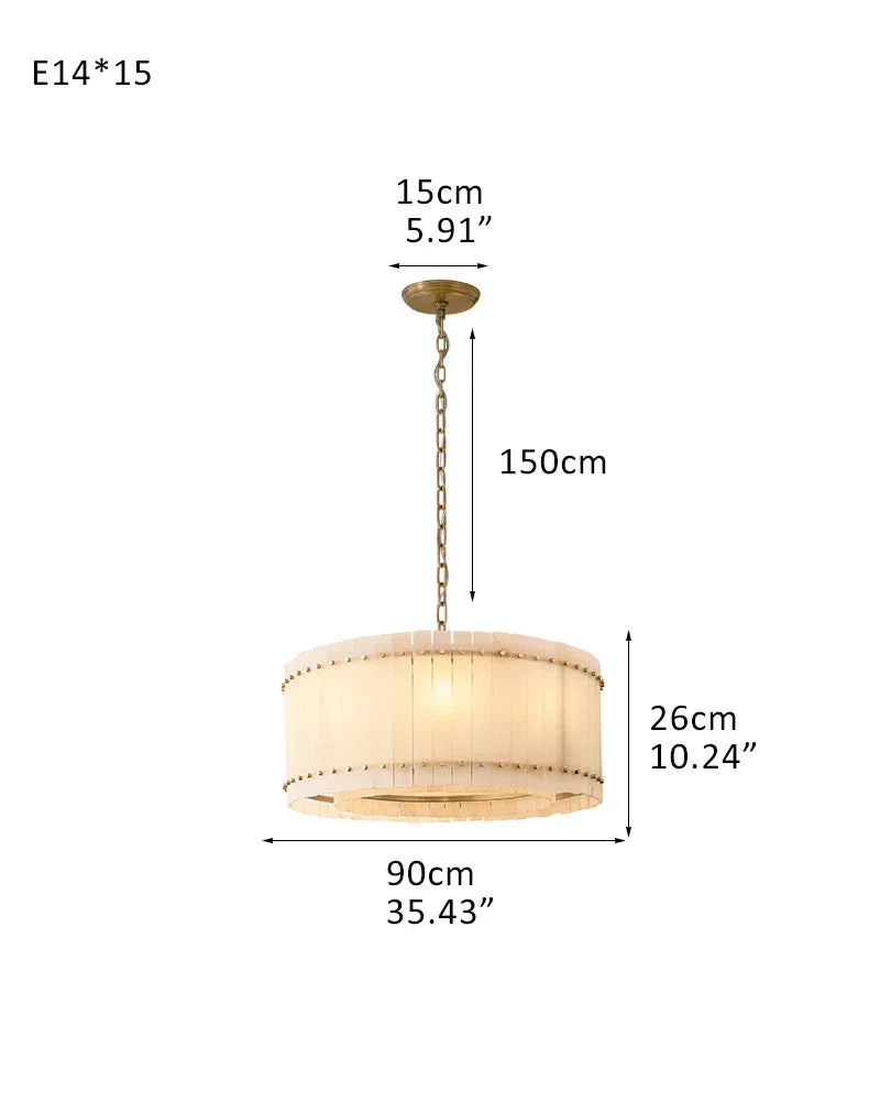 Val d’Isère Series Architectural Chandelier | Double Tier Drum Hand-carved alabaster panels with durable steel frame, Mid-century steel finish for Dining rooms, foyers, or offices 15-light-L90*H26CM L36"*H10"(2 tiered) Brass American Vintage chandelier lamp
