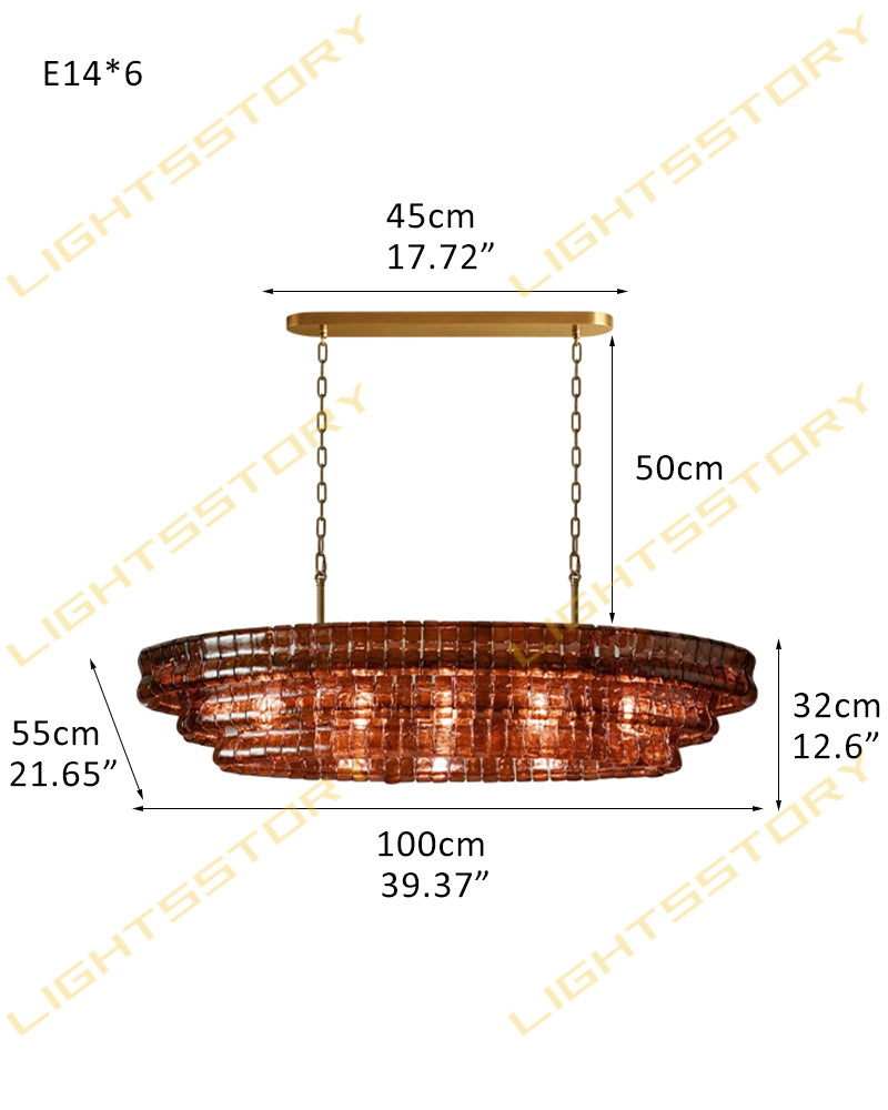 Brina Ghiaccio Amber Pink Murano Glass Oval Linear Chandelier - Textured Ice Glass, Lux Gold Trim - Kitchen Islands & Dining Rooms